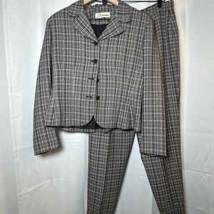 Barami Women's Grey Black Cream Plaid Suit Set Blazer & Pants Size 12 Made USA